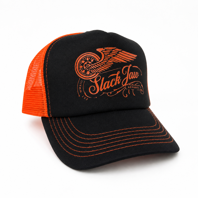Rusty Wheels Blk/Org Trucker cap