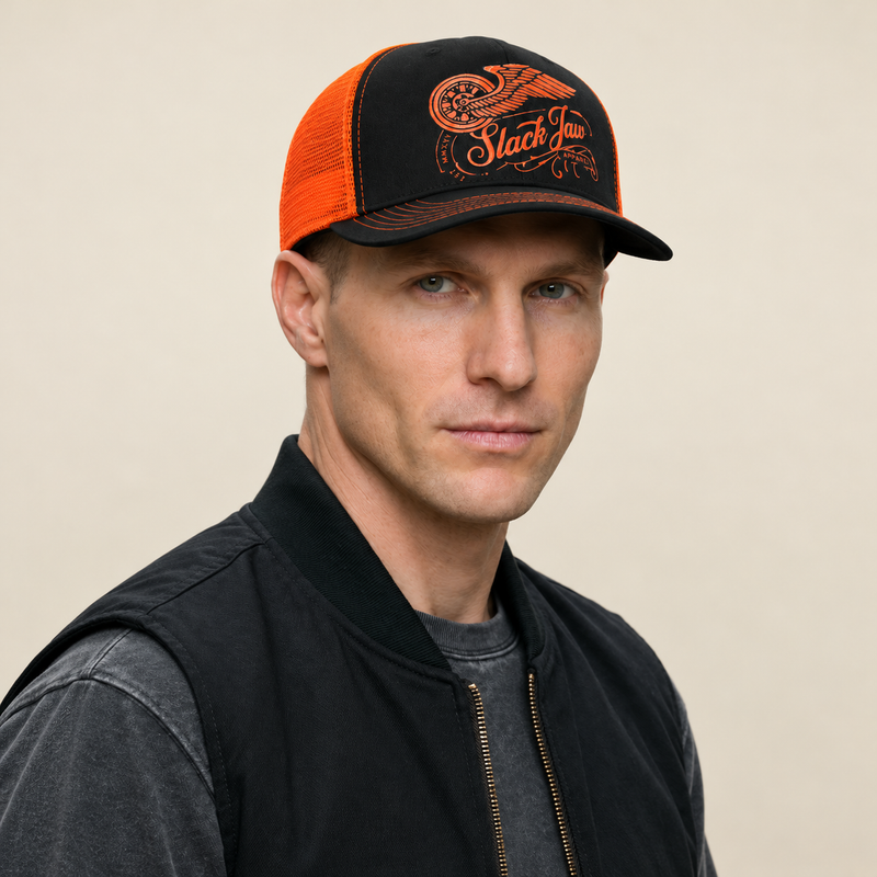 Rusty Wheels Blk/Org Trucker cap